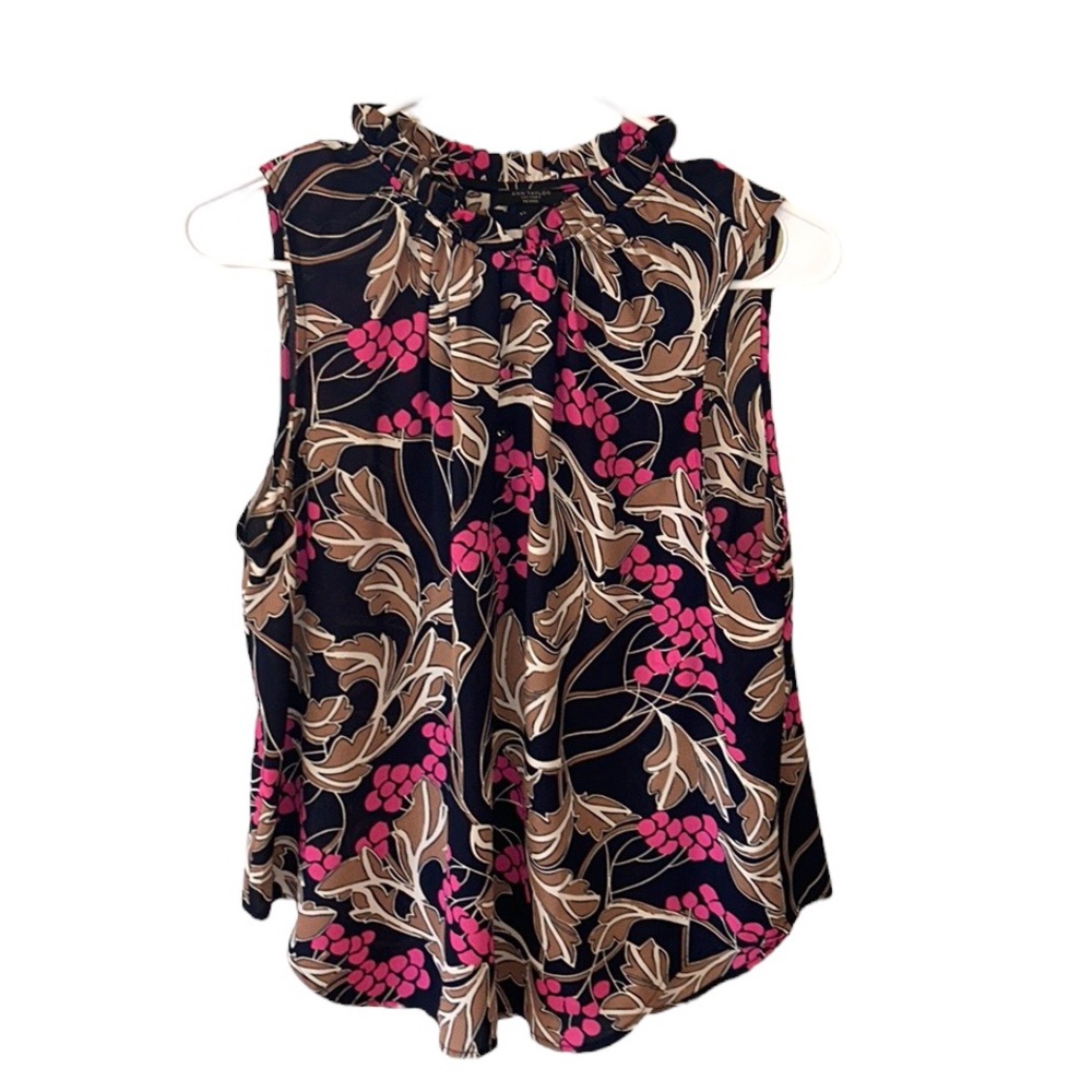 Ann Taylor Factory Pink, Brown Floral Sleeveless Ruffle Top Women Petite Medium
